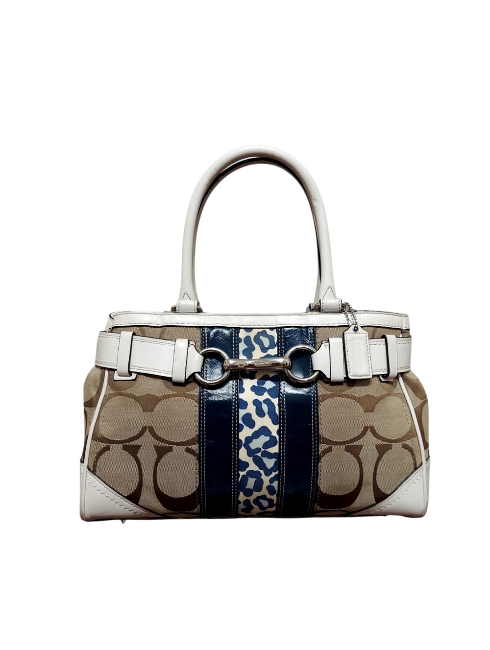 Y2K Coach 2000 Hamptons Stripe Carryall Satchel Leopard Print Jacquard & Leather - Picture 2 of 13